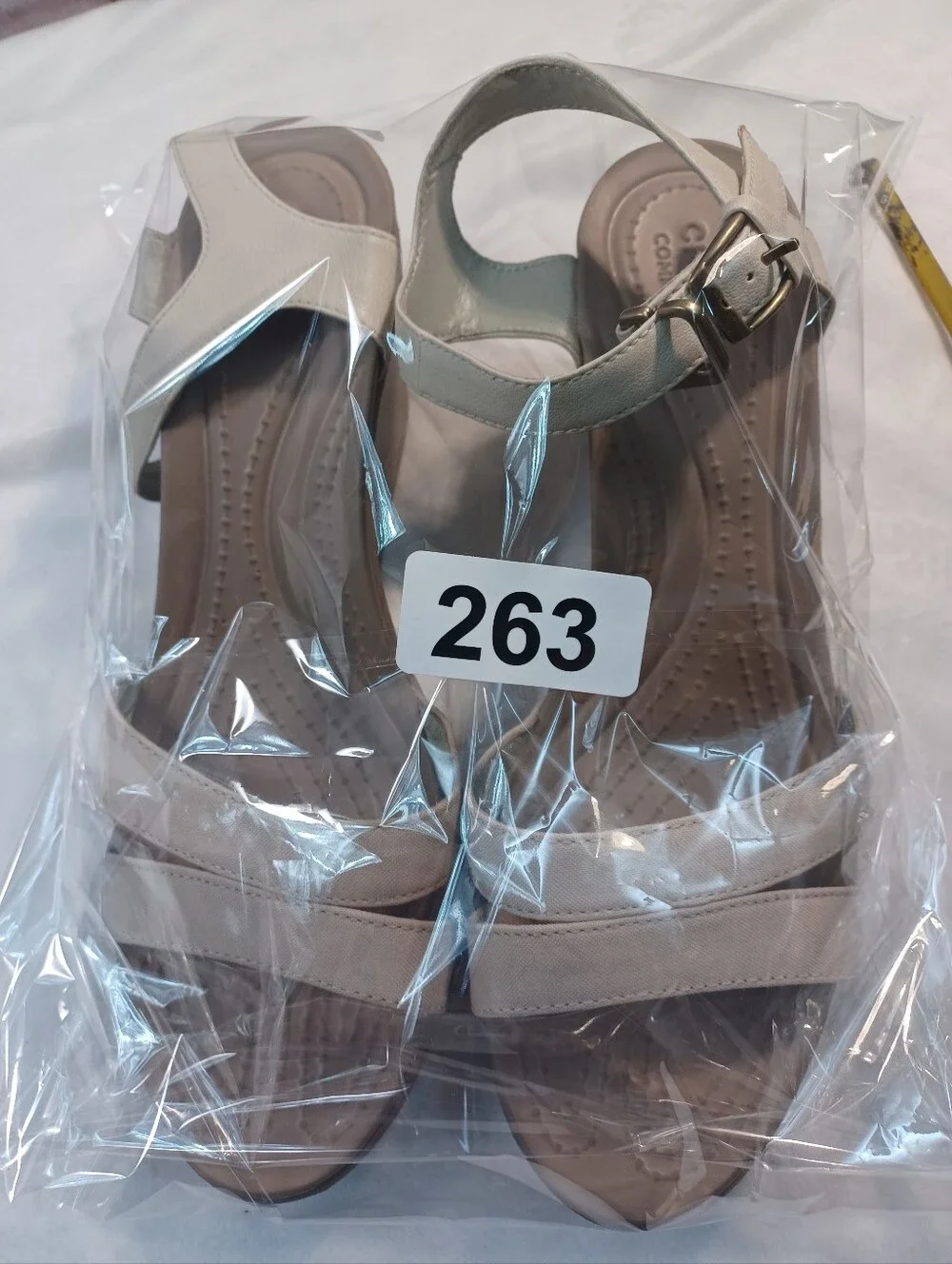 crocs leigh beige ankle strap wedge sandals women’s size 10